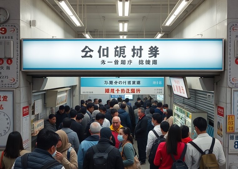 導入前 — すべての手続きが一つの列に並び、入口付近に待ち列が集中しています。